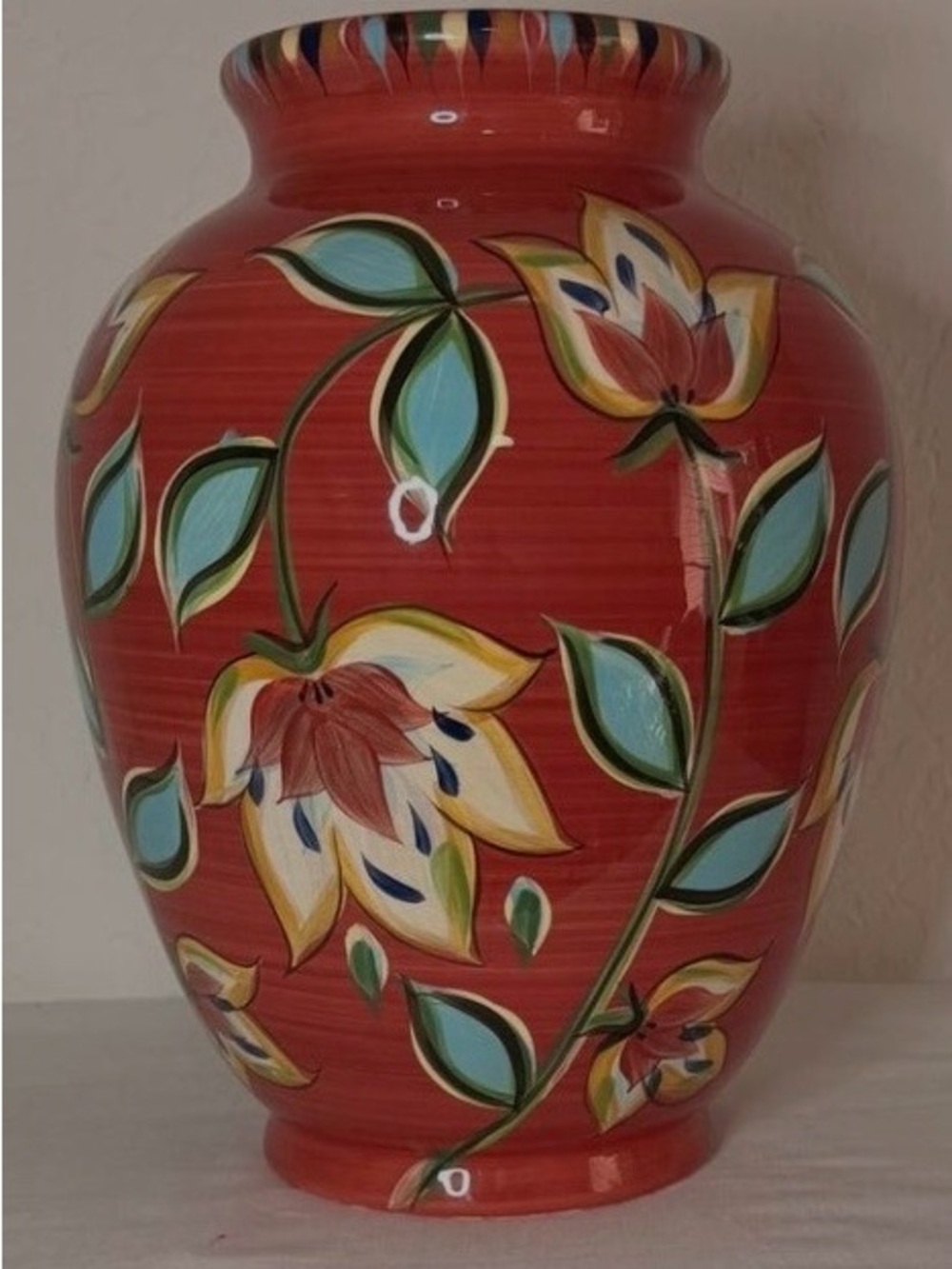 Gail Pittman Hand-Painted Red Floral Ceramic Vase